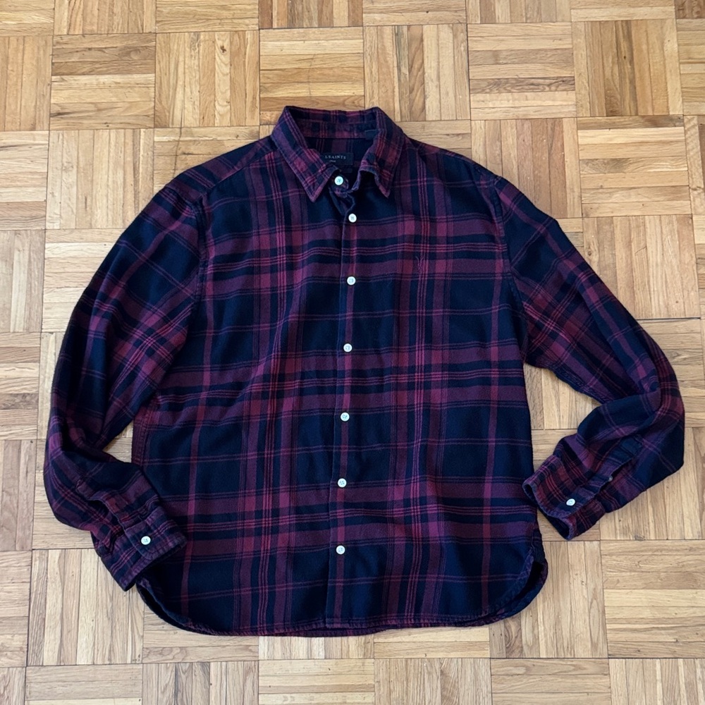 AllSaints Black and Burgundy Plaid Flannel Button-Down Shirt